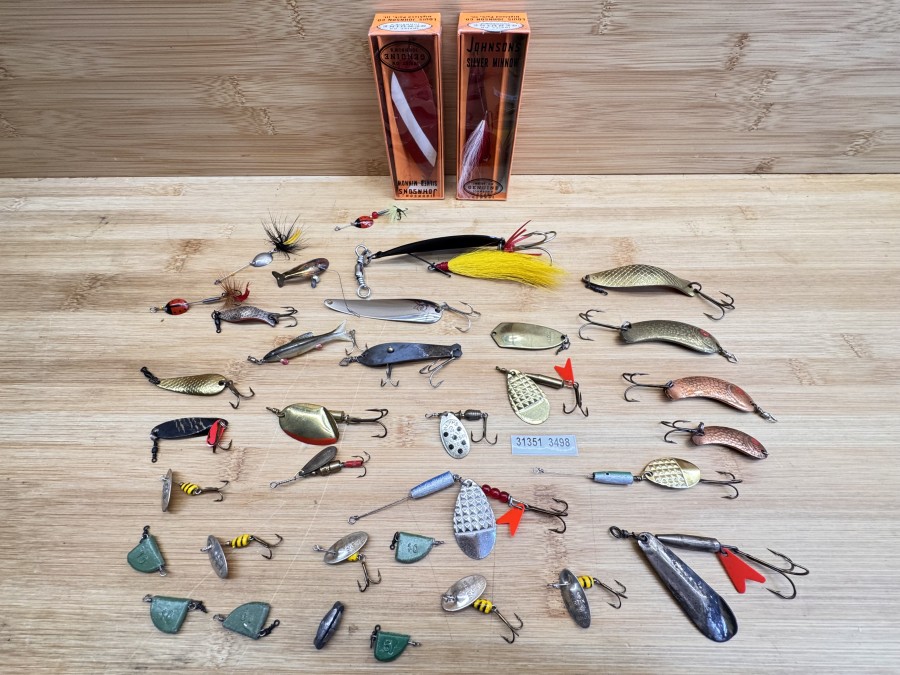 Kunstköder, Konvolut von 28 Stück, Johnson Spoon, Gummifischchen, Abu, Martin, Dr. Heintz, Mepps, teilweise gefischt