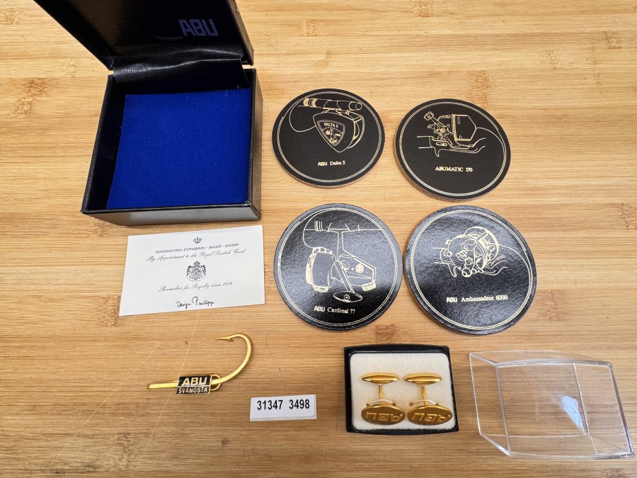 Krawattennadel, ABU Svängsta, Manschettenknöpfe, ABU, Schatulle mit 4 Untersetzer