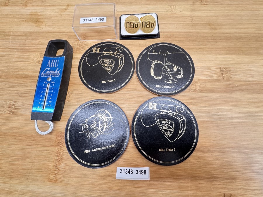 Fischwaage, ABU Combi, Manschettenknöpfe ABU, 4 ABU Untersetzer, neu