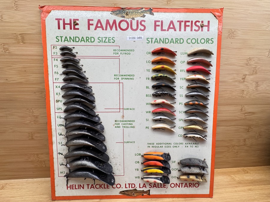 Mustertafel, The Famous Flatfish, Helin Tackle Co. Ltd, La Salle, Ontario, 45 Muster, sehr selten