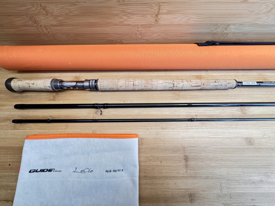 Zweihandfliegenrute, Guideline, LeCie, DHS F, 3tlg., 14,8ft, #9-10, Gewicht 278g, Futteral, Original Codura Transportrohr, Gebrauchsspuren, Transportlänge 1630mm