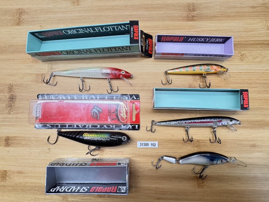 5 Wobbler, Rapala, floating, F-18, 150mm, Lucky Craft, USA Series, 120mm, Rapala,  Shad Rap, 2tlg., 100mm, Rapala, floating, F-13 FH, 120mm, Rapala, Husky Jerk, 100mm, ungefischt
