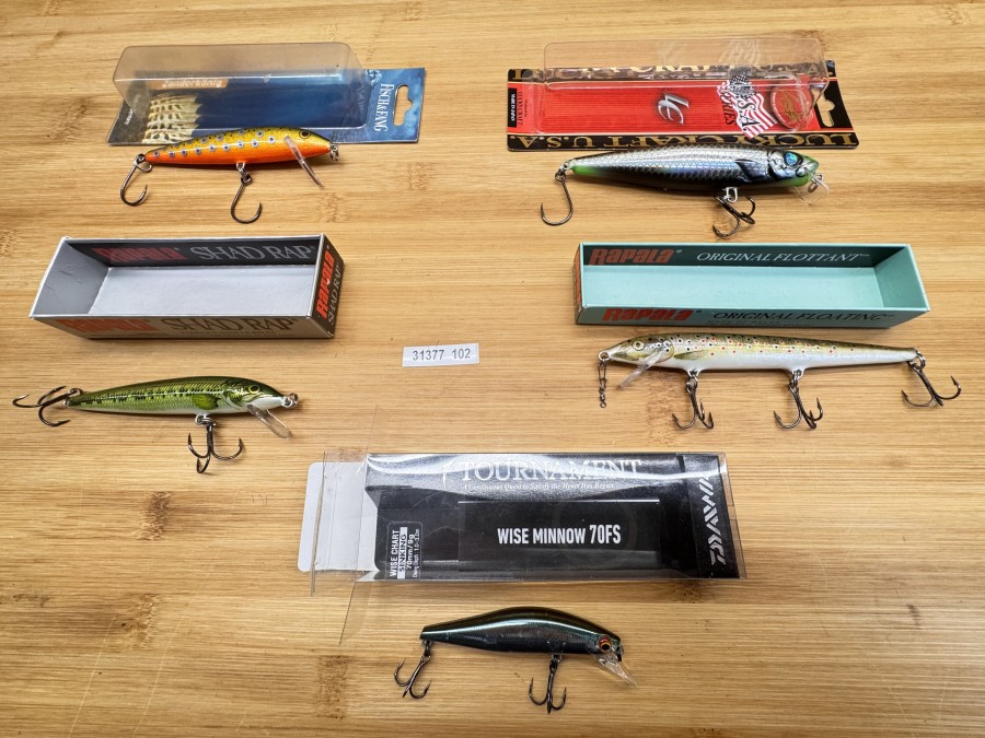 5 Wobbler, Fisch & Fang, Zanderkönig, 120mm, Rapala, floating, Bachforelle, 125mm, Lucky Craft, USA Series, 120mm, Daiwa, Tournament, Wise Minnow 70FS, 70mm, Rapala Shad Rap, 100mm, ungefischt
