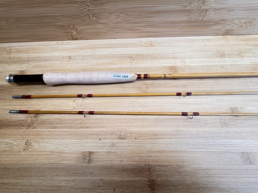 Gespliesste Fliegenrute: Made by Hardy´s England - "The  Palakona" Regd Trade Mark, Reservespitze, 2tlg., 7 1/2", #5, Gewicht 125g, Hülsenstopfen, Ringwicklungen rot, hellrot abgesetzt, Futteral, Korkschutz,ungefischt, Transportlänge 1210mm