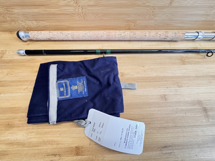 Spinnrute, House of Hardy, Made in England, Pat. No. 1.429.309, Fibalite Glass Fibre, Fred Buller Pike, 2tlg., 335cm, Gewicht 482g, Futteral, ungefischt, Transportlänge 1770mm