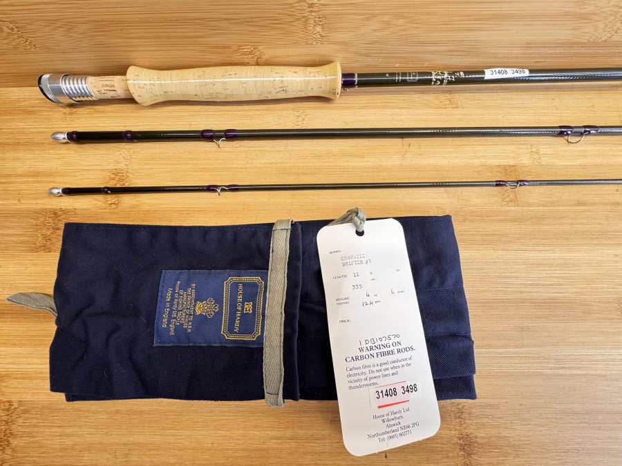 Fliegenrute, House of Hardy, Made in England, Pat. No. 1.429.309, Hardy Favorite Drifter, 3tlg., 335cm, #7, Gewicht 124g, Futteral, ungefischt, Transportlänge 1180mm