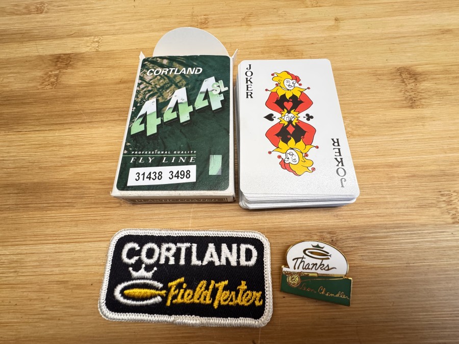 3 Werbeartikel, Aufnäher Cortland, Spielkarten, Cortland 444SL, Custom Playing Cards, Pin, Cortland, Thanks Leon Chandler