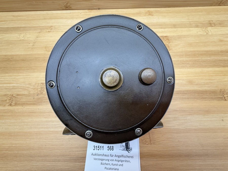 Vintage Angelrolle, Horton Maker, Glasgow , Messing/Neusilber, Horngriff, Rollendurchmesser 115mm, Rollenbreite 50mm, Gewicht 745g, Gebrauchsspuren