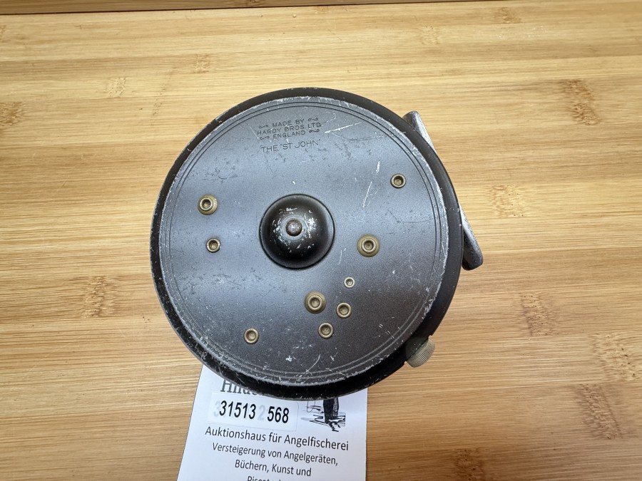 Fliegenrolle, Made by Hardy Bros Ltd England, "The St. John", #8,  Linkshand, Rollendurchmesser 100mm, Rollenbreite 32mm, Gewicht  305g mit Fliegenschnur, Gebrauchsspuren