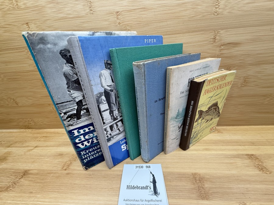 6 Bücher: Im Zeichen der Windrose, Joe Brooks, 1964, Lehrbuch Spinnangeln, Max Piper, 1952, In Schild und Ried, Von Paul Sättele, Fischwaid in deutschen Binnengewässern, 1927, Fischfang im Sibirischen Waldsee, Fritz Schulze, Graebner, 1949, Deutscher Angler-Kalender 1955