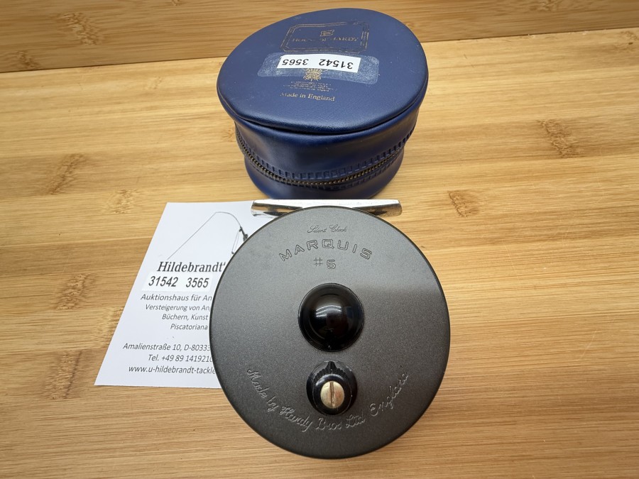 Fliegenrolle, Made by Hardy Bros Ltd England, Marquis #5, Silent Check, Linkshand, Rollendurchmesser 75mm, Rollenbreite 28mm, Gewicht 113g, Rollentasche, leichte Gebrauchsspuren