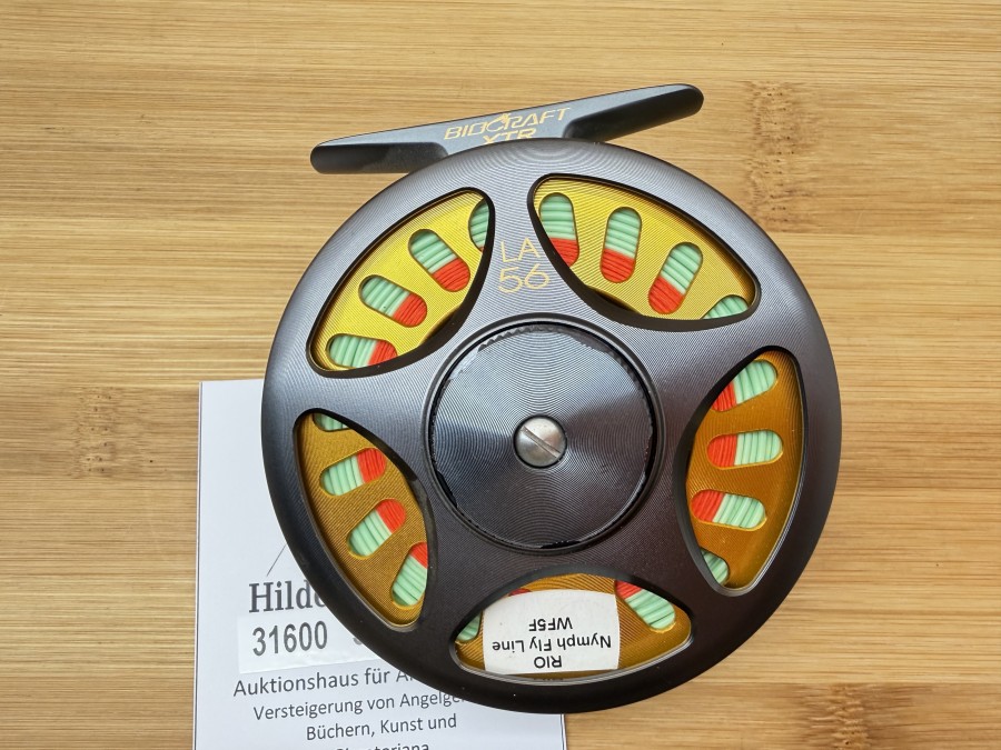 Fliegenrolle, Shimano, Biocraft XTR, LA 56, Linkshand, Rollendurchmesser 85mm, Rollenbreite 30mm, Gewicht mit Trockenfliegenschnur 185g, minimale Gebrauchsspuren