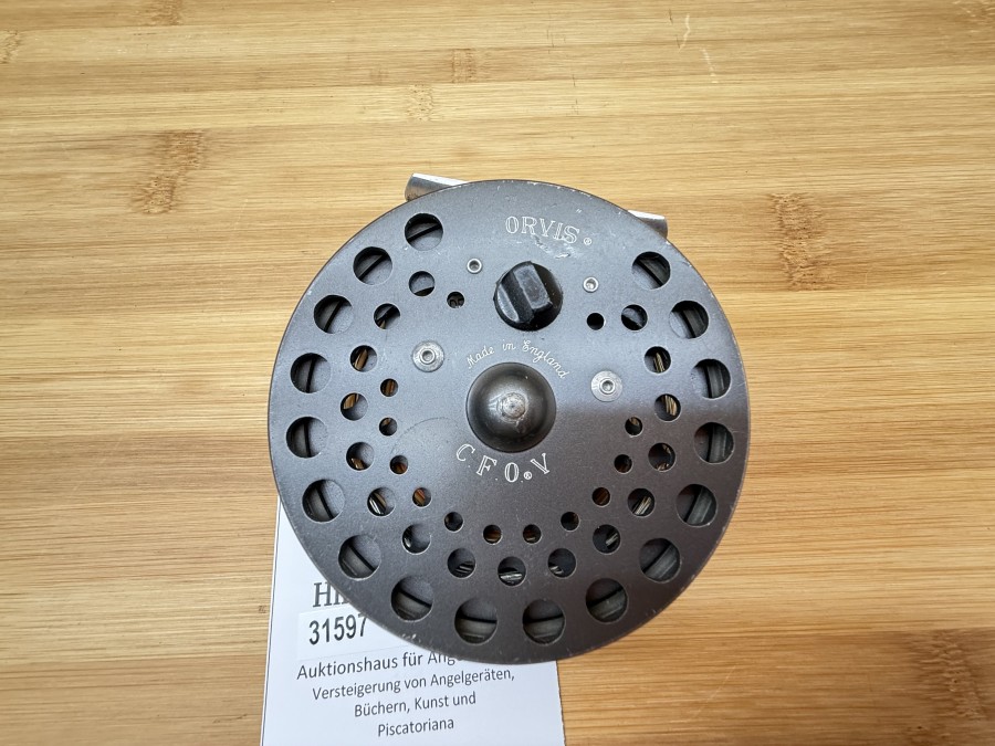 Fliegenrolle Orvis, C.F.O.V, Made in England, Links- oder Rechtshand umstellbar, Rollendurchmesser 85mm, Rollenbreite 35mm, Gewicht mit Naßfliegenschnur 186g, Gebrauchsspuren