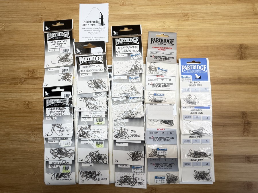Fliegenhaken, 575 Stück, Partridge, Grey Shadow Emerger Nymph Hook GRS 12 ST: 100#16, 150#14, 50#12, 100#10, 75#8, 100#18