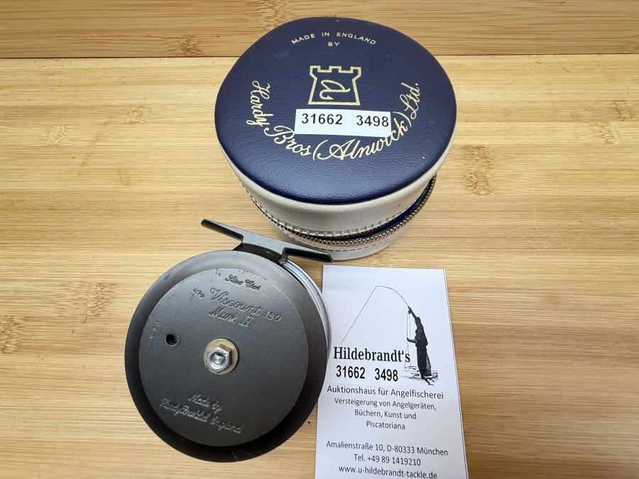 Fliegenrolle, Made by Hardy Bros Ltd  England, The  Viscount 130, MK II,, Rechtshand, Rollendurchmesser 82mm, Rollenbreite 30mm, Gewicht 46g, Schraube und Bremsrad fehlen, Rollentasche