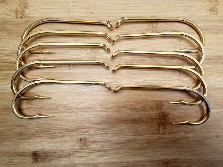 Angelhaken, Mustad, Limerickform, vergoldet, 150mm lang, Hakenbogen 50mm, 10 Stück, neu