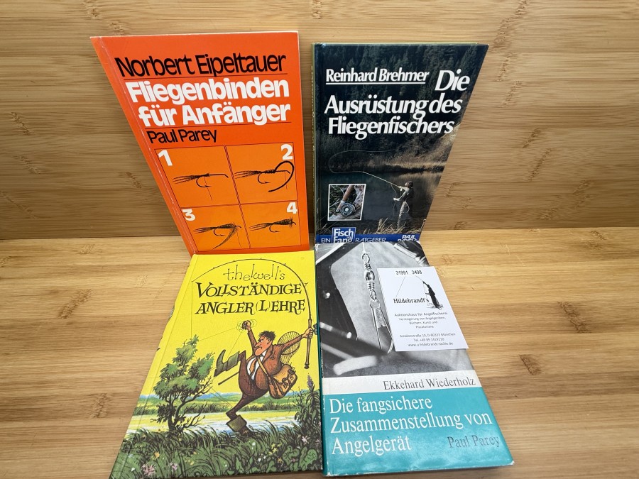 Bücher, thelwell´s Vollständige Angler (L) ehre, Burke Hamburg, Fliegenbinden für Anfänger, Norbert Eipeltauer, mit Widmung, 1975, Die Ausrüstung des Fliegenfischers, Reinhard Brehmer, 1984, Die fangsichere Zusammenstellung von Angelgerät, Ekkehard Wiederholz, mit Widmung, 1967