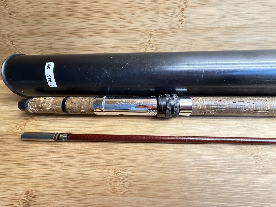 Spinnrute, ABU All round, Svängsta, Sweden, 2tlg., 2,30m, Futteral, Transportrohr, Gebrauchsspuren, Transportlänge 1250mm