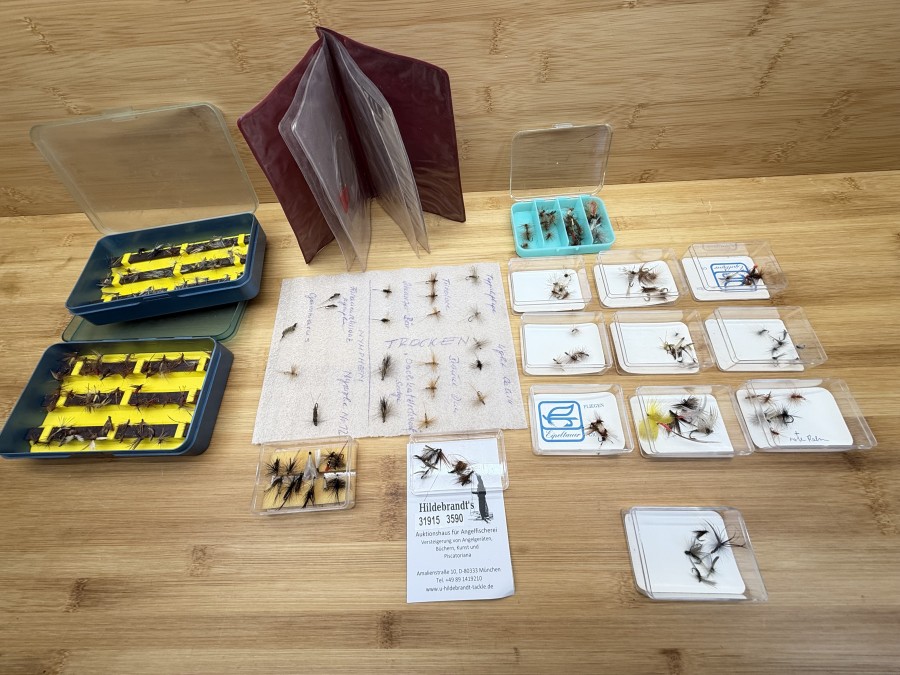 Fliegensortiment, 2 Fliegenboxen mit Magnetstreifen, vielen kleinen Fliegen, kleine Fliegenbox mit 30 Trockenfliegen, 12 Fliegenboxen, Eipeltauer Wien mit 75 Trockenfliegen, Schaumstoffplatte mit 20 beschrifteten Fliegen
