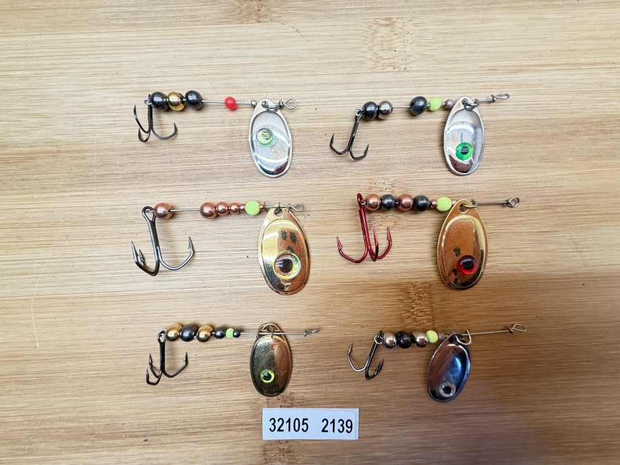 6 Mepps Spinner, Messing, nickel, Drilling, Tungstenkugeln, 6 - 10g, ungefischt