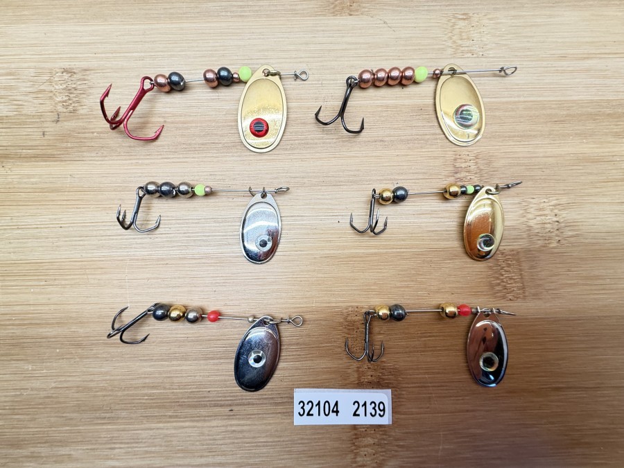 6 Mepps Spinner, Messing, nickel, Drilling, Tungstenkugeln, 5 - 11g, ungefischt