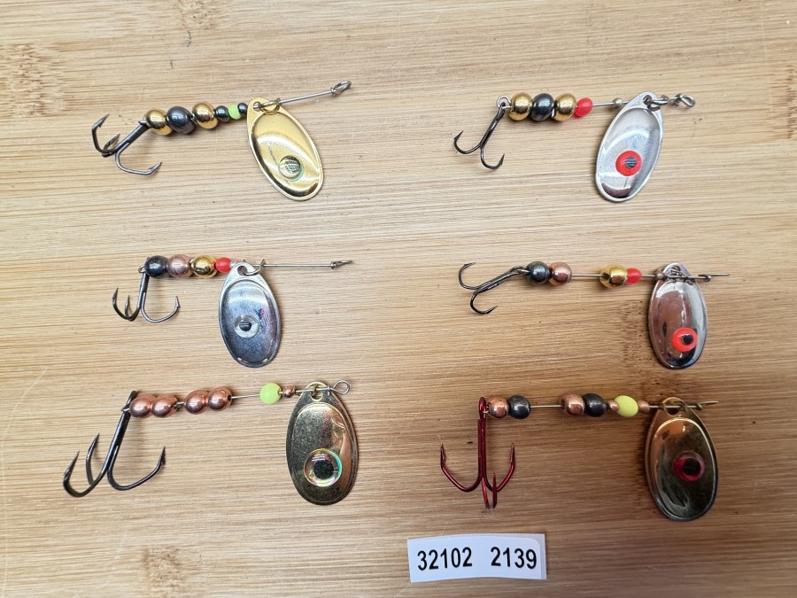 6 Mepps Spinner, Messing, nickel, Drilling, Tungstenkugeln, 4 - 8g, ungefischt