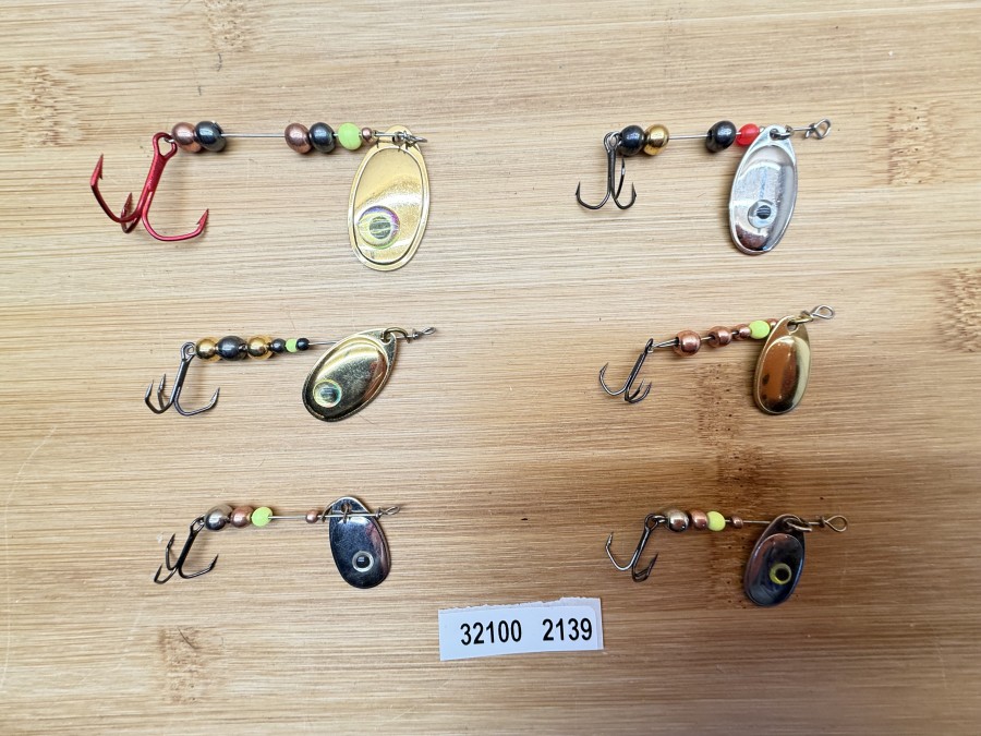 6 Mepps Spinner, Messing, nickel, Drilling, Tungstenkugeln, 4 - 8g, ungefischt