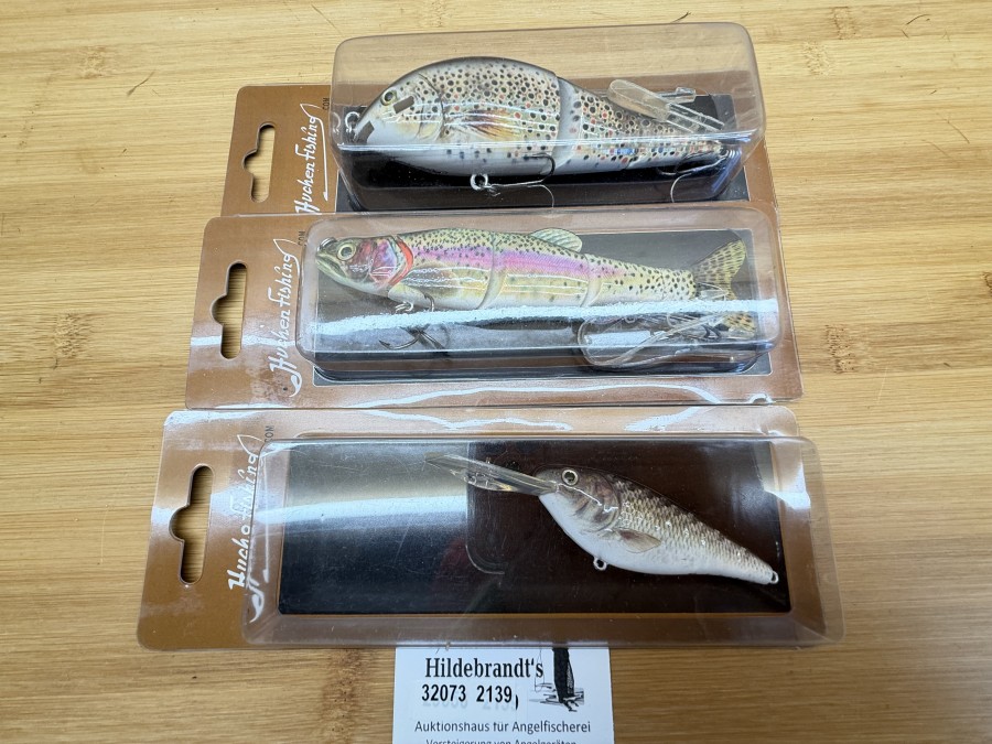 3 Wobbler, Huchen Fishing, Bachforelle, 3tlg., 80g, 150mm, Äsche, 1tlg., 30g, 120mm, ohne Haken, Regenbogenforelle, 4tlg., 60g, 150mm, ungefischt