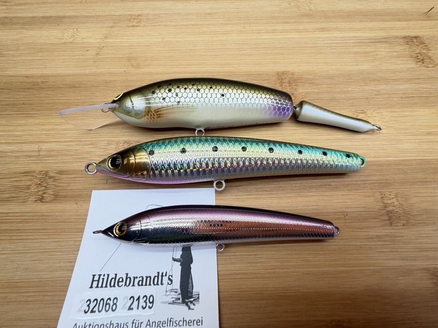 3 Wobbler, Queen of Liverpool, 2tlg., 35g, 180mm, Tiemco, RP Magnum, 1tlg., 30g, 150mm, Tiemco, Salti RP, 13g, 120mm, ohne Haken, ungefischt