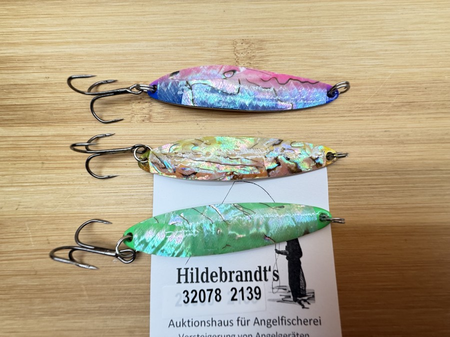 3 Perlmutt Wurflöffel, Waver, Metall, 15g, 80mm, in den Farben grün, beige und pink/blau, ungefischt