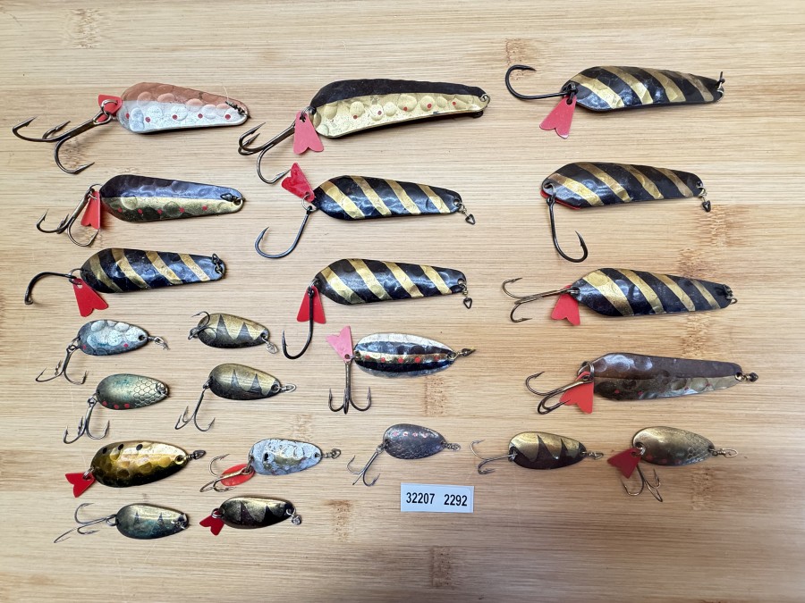 Kunstköder, EGS, Swiss Made, 21 Stück, kupfer, messing bronze, 5 - 20g, 30 - 75mm, gefischt und neu