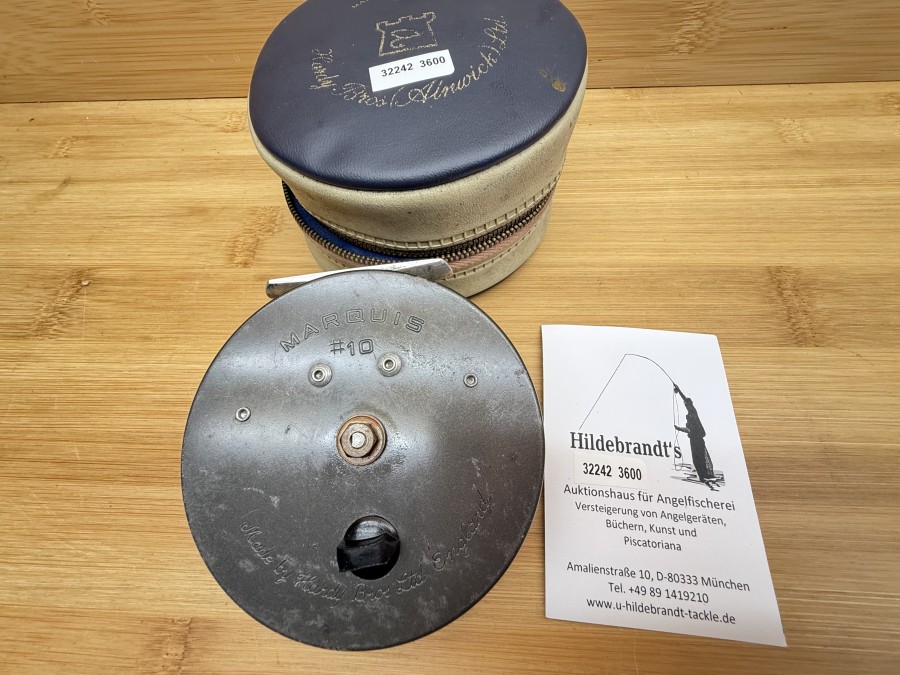 Fliegenrolle, Made by Hardy Bros Ltd England, Marquis #10, Links- oder Rechtshand, Gewicht 179g, Abdeckkappe Rückseite fehlt, Rollentasche, technisch gut, starke Gebrauchsspuren