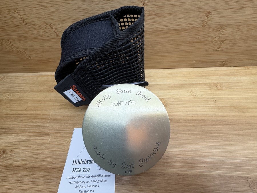 Fliegenrolle, By Ted Jurascik, Billy Pate, Bonefish, G105, , Antireverse, Rollendurchmesser 88mm, Rollenbreite 38mm, Gewicht 274g, mit Backing, Simms Rollentasche, Gebrauchsspuren