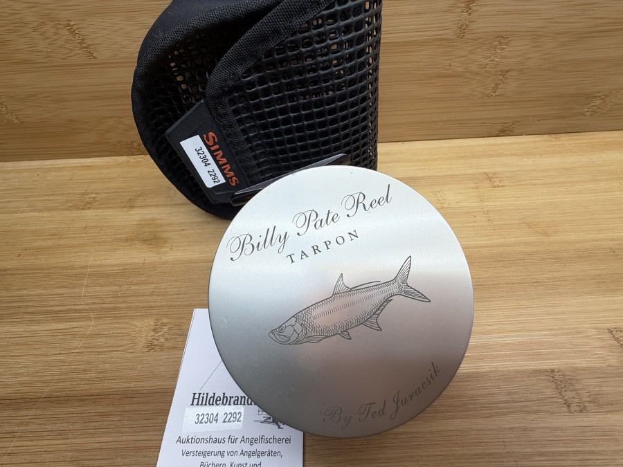 Fliegenrolle, By Ted Juracsic, Antireverse, Billy Pate Reel, Tarpon, W541, Linkshand, Rollendurchmesser 100mm, Rollenbreite 50mm, Gewicht 366g, mit Backing, Simms Rollentasche, sehr guter Zustand