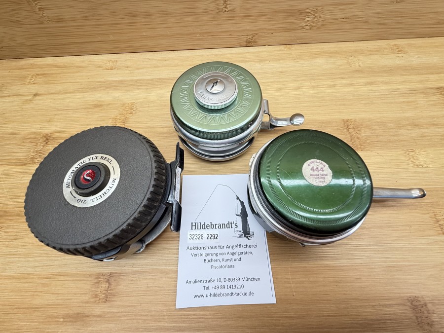 3 Automatik Fliegenrollen, Mitchell 710, Martin, Mohawk, N.Y., Fly matic Super Export, reparaturbedürftig