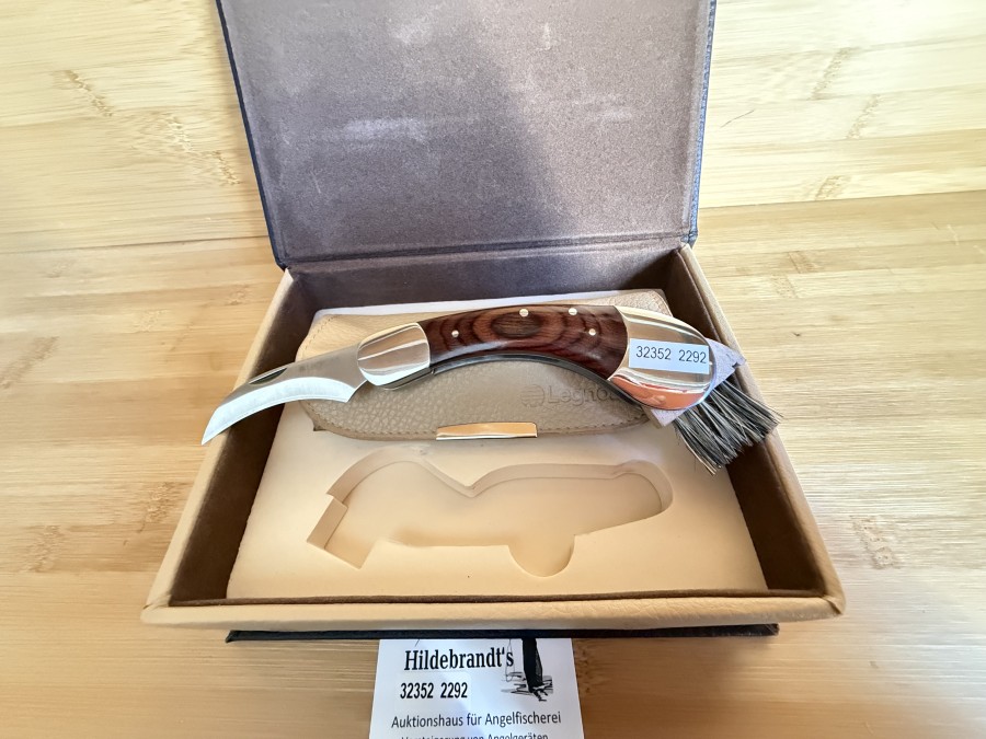 Pilzmesser, Legnoart, mit ausklappbarer Bürste, Messer mit Vogelschnabel-Klinge, Faltbare Reinigungsbürste,  gravierte Rückseite, Edelstahl mit satiniertem Finish, Buchenholzgriff, Schatulle, neu