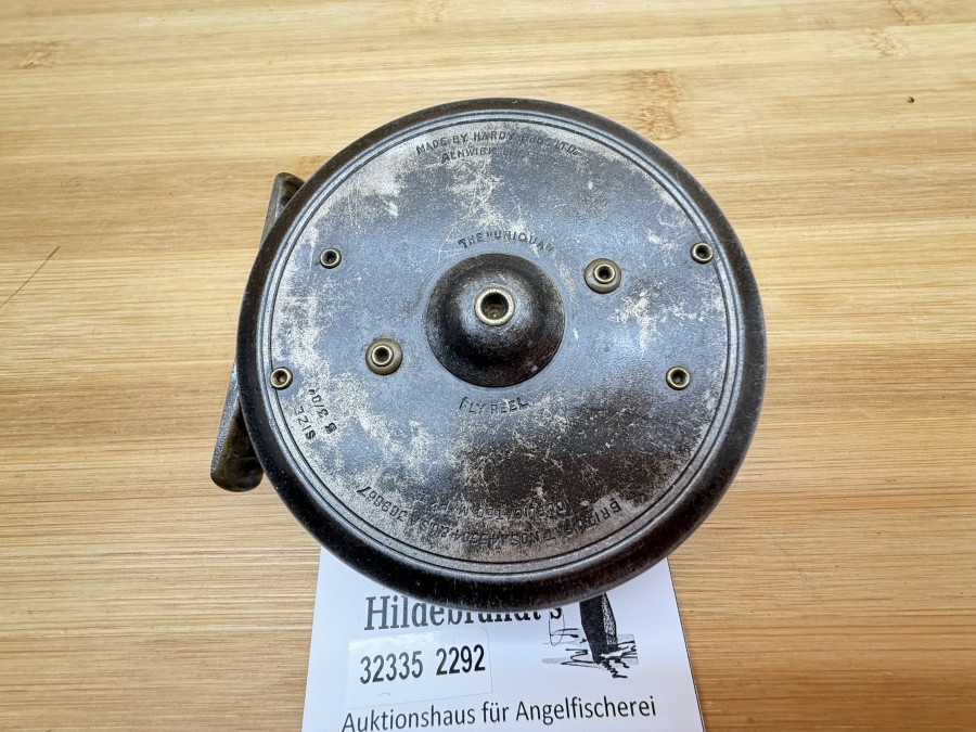 Fliegenrolle, Made by Hardy Bros Ltd, Alnwick, England, The "Unique", Size 3/0",  Linkshand, Schnurführungsring, Rollendurchmesser 84mm, Rollenbreite 27mm, Gewicht 146g, Gebrauchsspuren
