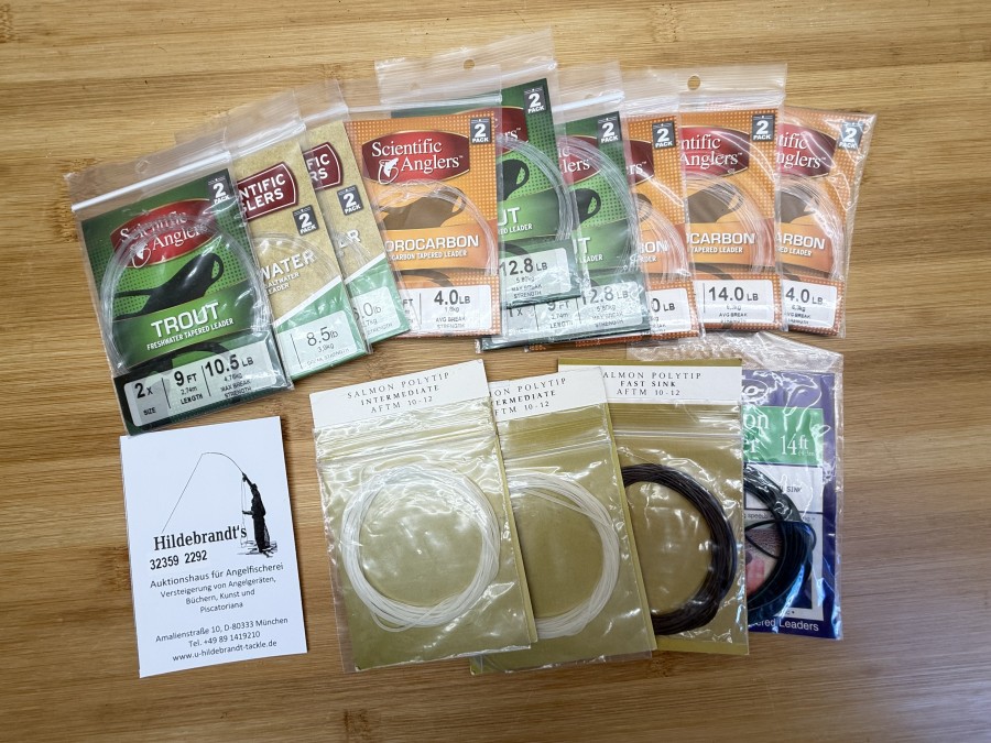 Fliegenvorfächer, 9x  Scientific Angels, verschiedene Typen, 2x Salmon Polytip Intermeditate, AFTM 10-12, 1x Fast Sink, AFTM 10-12, 1x Salmon PolyLeader, 14ft
