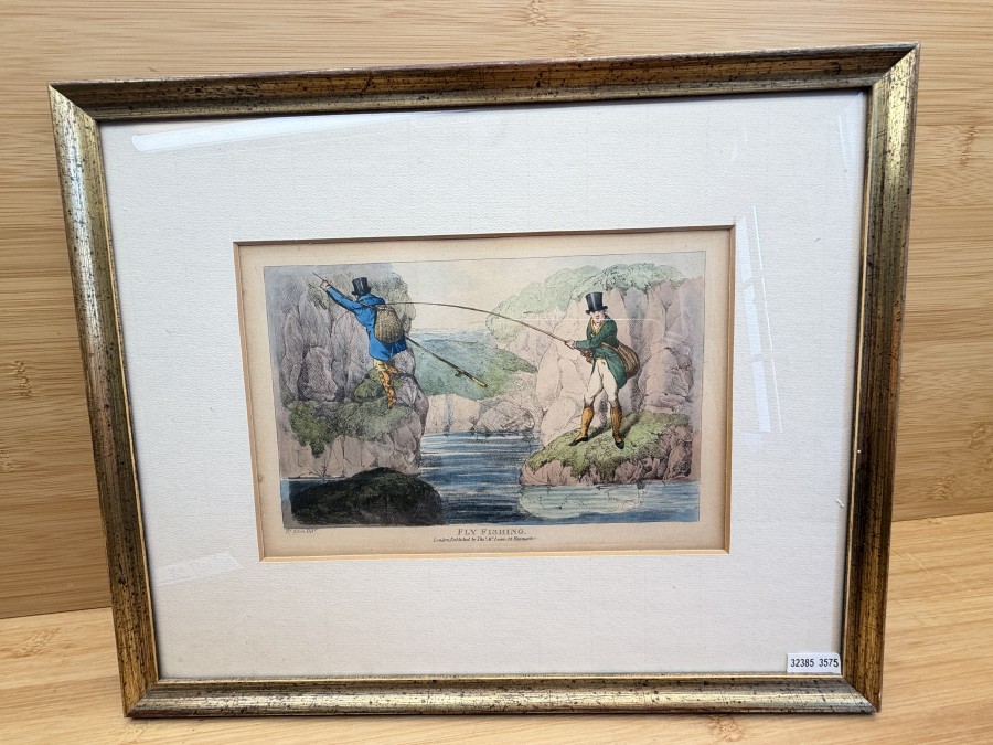 Anglerbild, 250x310mm, Der Erfreute Angler, Originalkupferstich von H. Heath, altkolerniert, London um 1830