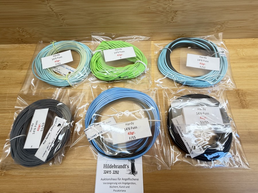6 Fliegenschnüre, Secret Taper by Taki Alvanos, Hardy, 14.6 - 42g, F, F/S1, F/S2, S1/S3, S3/S5, F/S5, ungefischt
