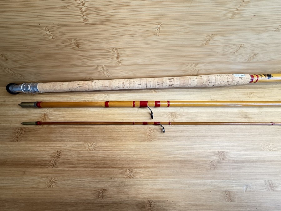 Vintage Angelrute, Milwards Floating, 3452, Gespliesste Spitze, 3tlg., 4,30m, neu aufgebaut mit Fujiringen, Futteral, Gebrauchsspuren, Transportlänge 1500mm