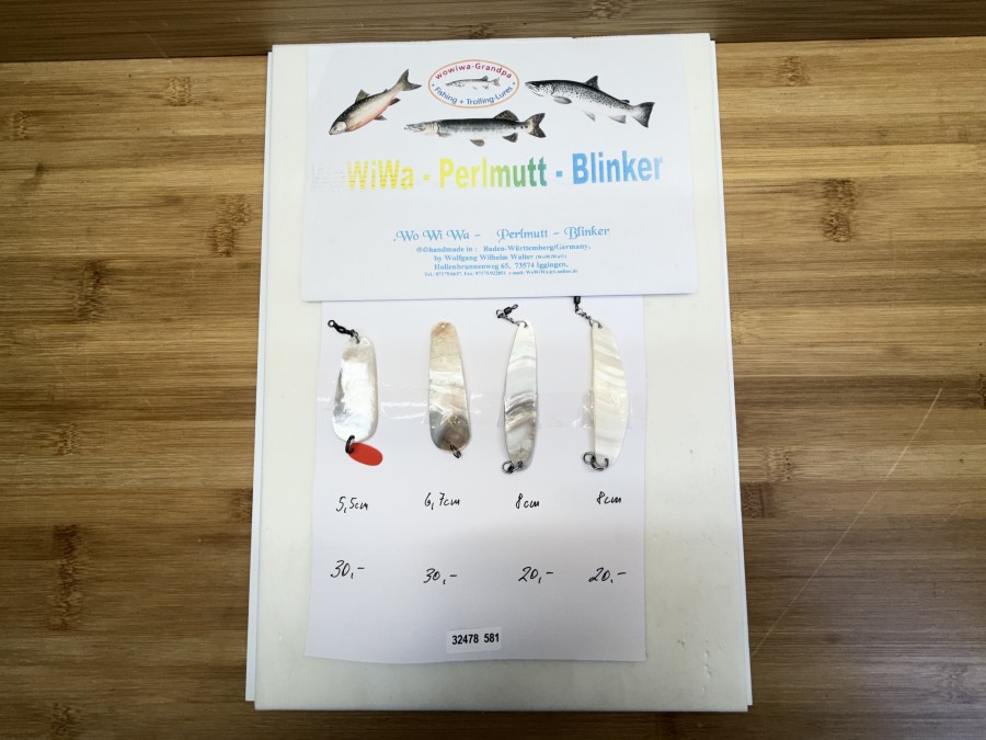 4 Perlmutt Blinker, handmade by Wolfgang Wilhelm Walter, ohne Metallplatte, Saibling, 5,5cm, 6,7cm, 8cm und 8cm, ungefischt