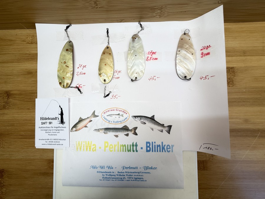 4 Perlmutt Blinker, handmade by Wolfgang Wilhelm  Walter, Innenplatte Kupfer, jeweils 1 Stück 9,5cm - 21g, 7cm - 16g, 8,5cm - 17g und 9cm - 20g, ungefischt