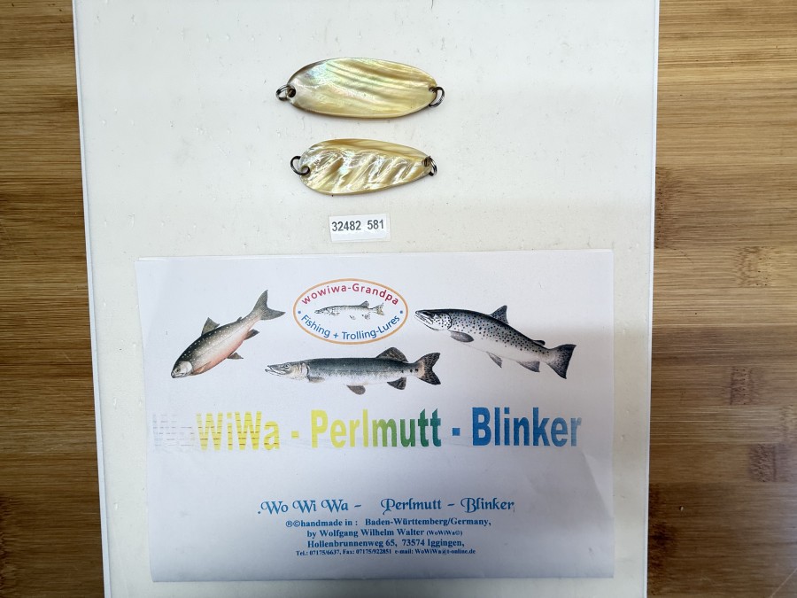 2 Perlmutt Blinker, handmade by Wolfgang Wilhelm Walter, Innenseite Kupfer, Perlmutt, 6,5cm - 9g, Innenseite Kupfer, Perlmutt, 5,8cm - 7g, ungefischt