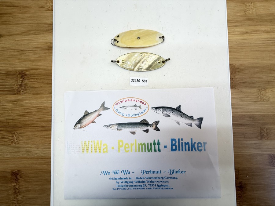 2 Perlmutt Blinker, handmade by Wolfgang Wilhelm Walter, Innenseite Kupfer, Perlmutt, 7cm - 13g, Innenseite gold, Perlmutt, 7cm - 12g, ungefischt