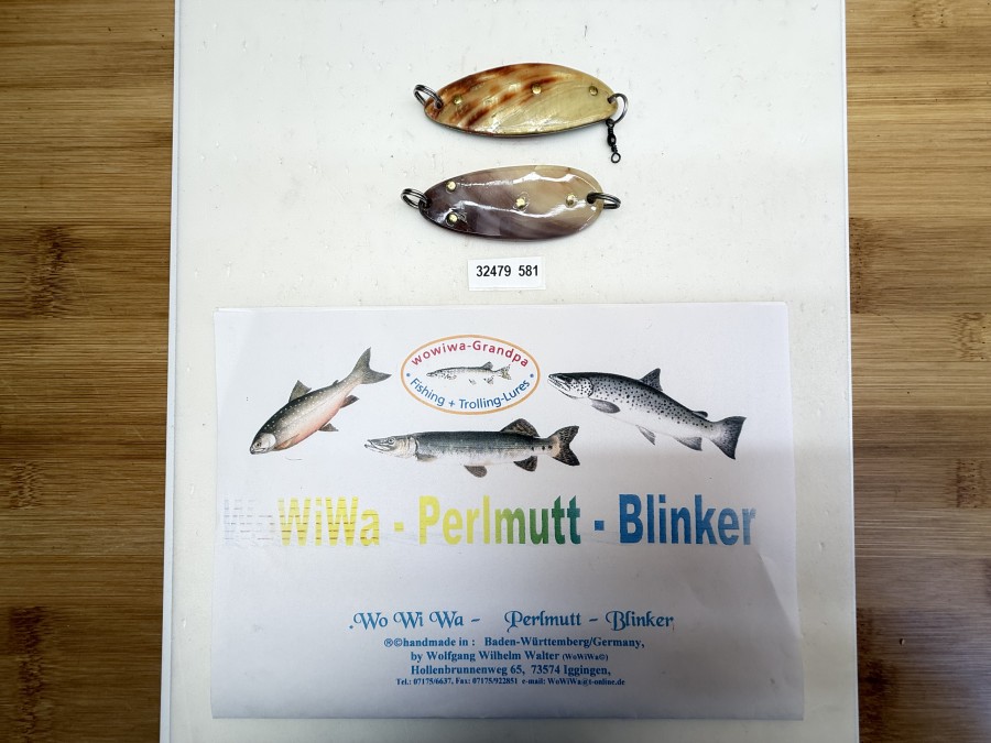 2 Perlmutt Blinker, handmade by Wolfgang Wilhelm Walter, Innenseite silber, Perlmutt, 7cm - 16g, Innenseite kupfer, Perlmutt, 6,5cm - 17g, ungefischt