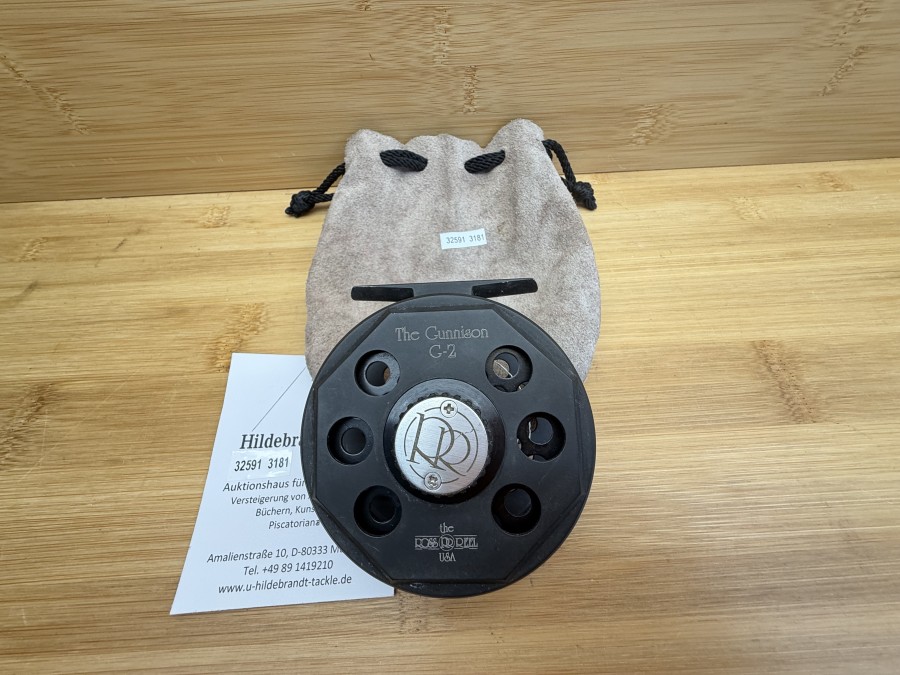 Fliegenrolle, Ross Reel USA, The Gunnison G-2, Linkshand, Rollendurchmesser 80mm, Rollenbreite 30mm, Gewicht 145g, Leder Rollenbeutel, leichte Gebrauchsspuren