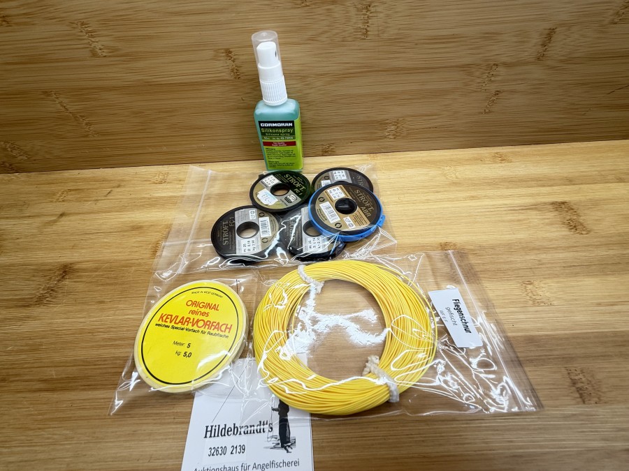 Fliegenfischer Kleinteile, Fliegenschnur gefischt, WF6F, Cormoran Silikonspray, Straft Tippet, 5 angebrochene Spulen, Kevlar Vorfach