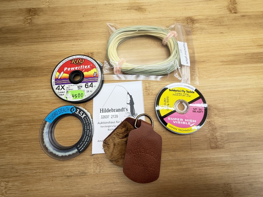 Fliegenfischer Kleinteile, Fliegenschnur gefischt, WF 6 F, Amadou Original, Tippet Soldatin, Super High Visible, 0,25mm, Tiemco Fuoro Stealth, 3,5X, Rio Powerflex, 4x, angebrochene Spulen