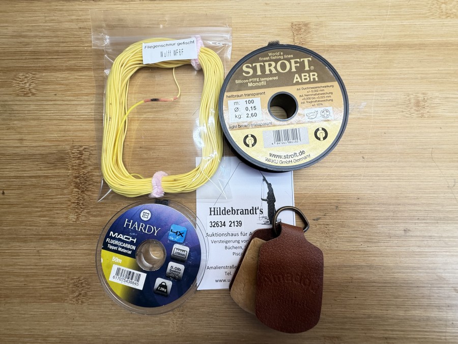 Fliegenfischer Kleinteile, Fliegenschnur gefischt, Wulff, WF6F, Amadou Original, Stroft ABR. 0,15mm, Tippet Hardy, Mach, 0,175mm, angebrochene Spulen